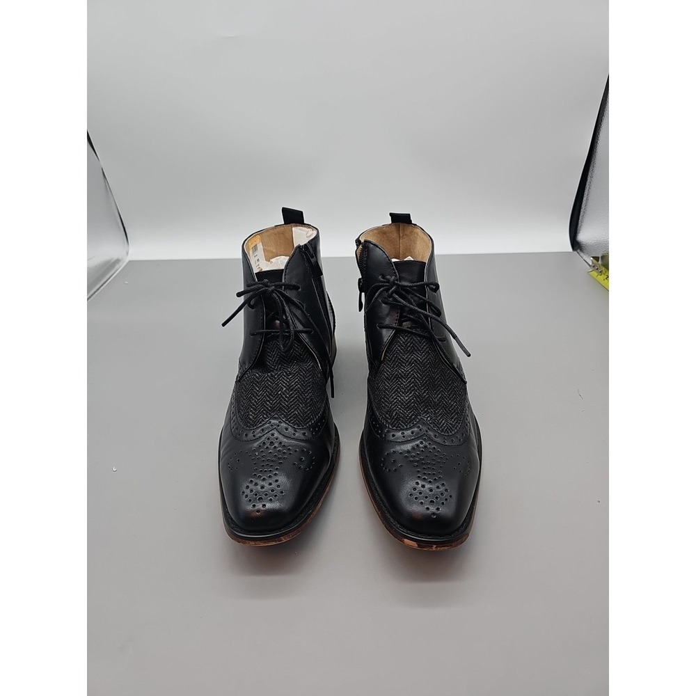 Mens High Top Boot Gino Vitale Leather Wingtip Zip Herringbone Tweed Black Sz 8.